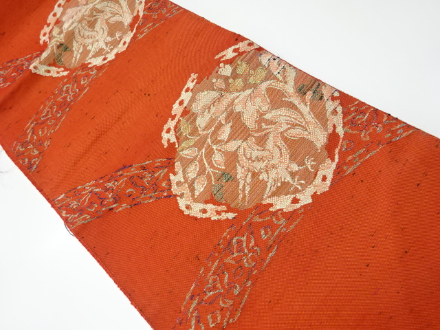 リサイクル　樹木・鳥模様織り出し紬名古屋帯